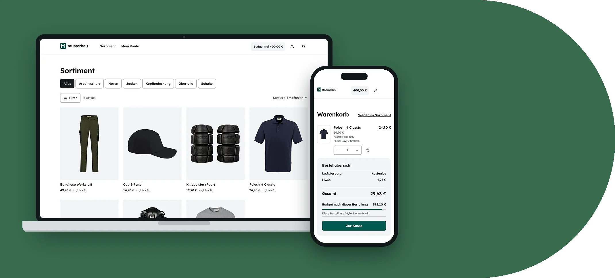 Mitarbeitershop von TEXMA auf Laptop und Handy: Sortiment und Warenkorb mit Budget
