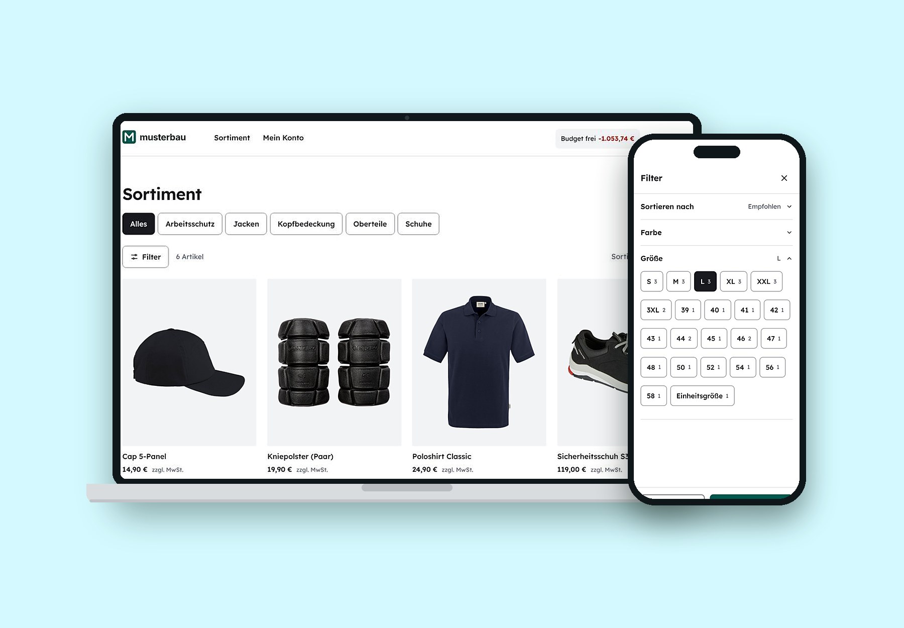 Mitarbeitershop: Sortiment mit Abteilungsauswahl am Laptop, Größenfilter am Handy