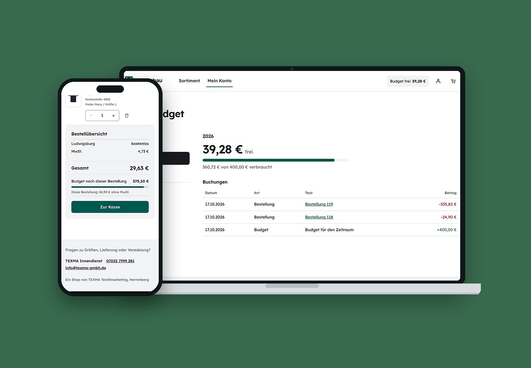 Mitarbeitershop: Seite Mein Budget mit Restbudget und Buchungen, Warenkorb mit Budgetanzeige am Handy