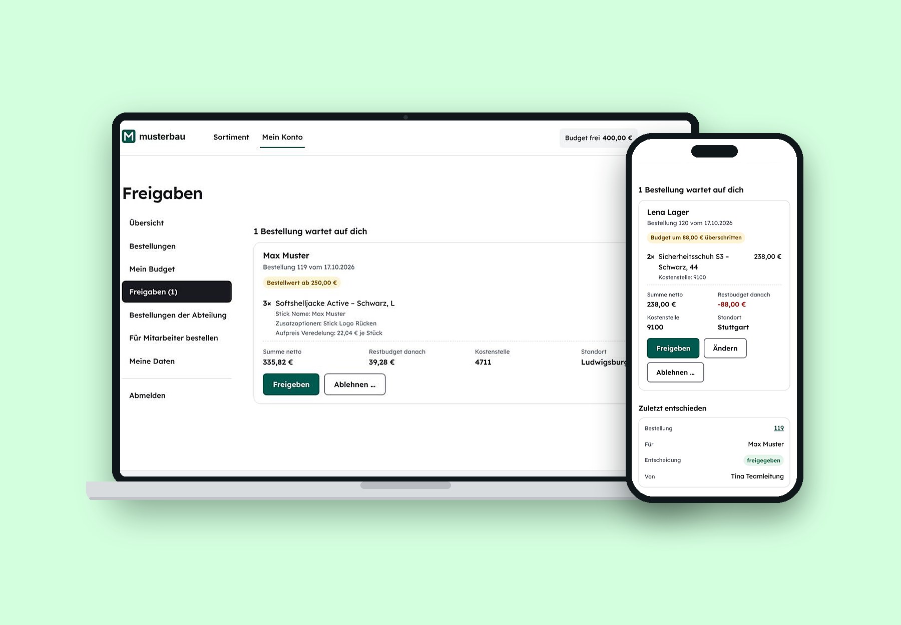 Mitarbeitershop: Freigabe einer Bestellung am Laptop und am Handy