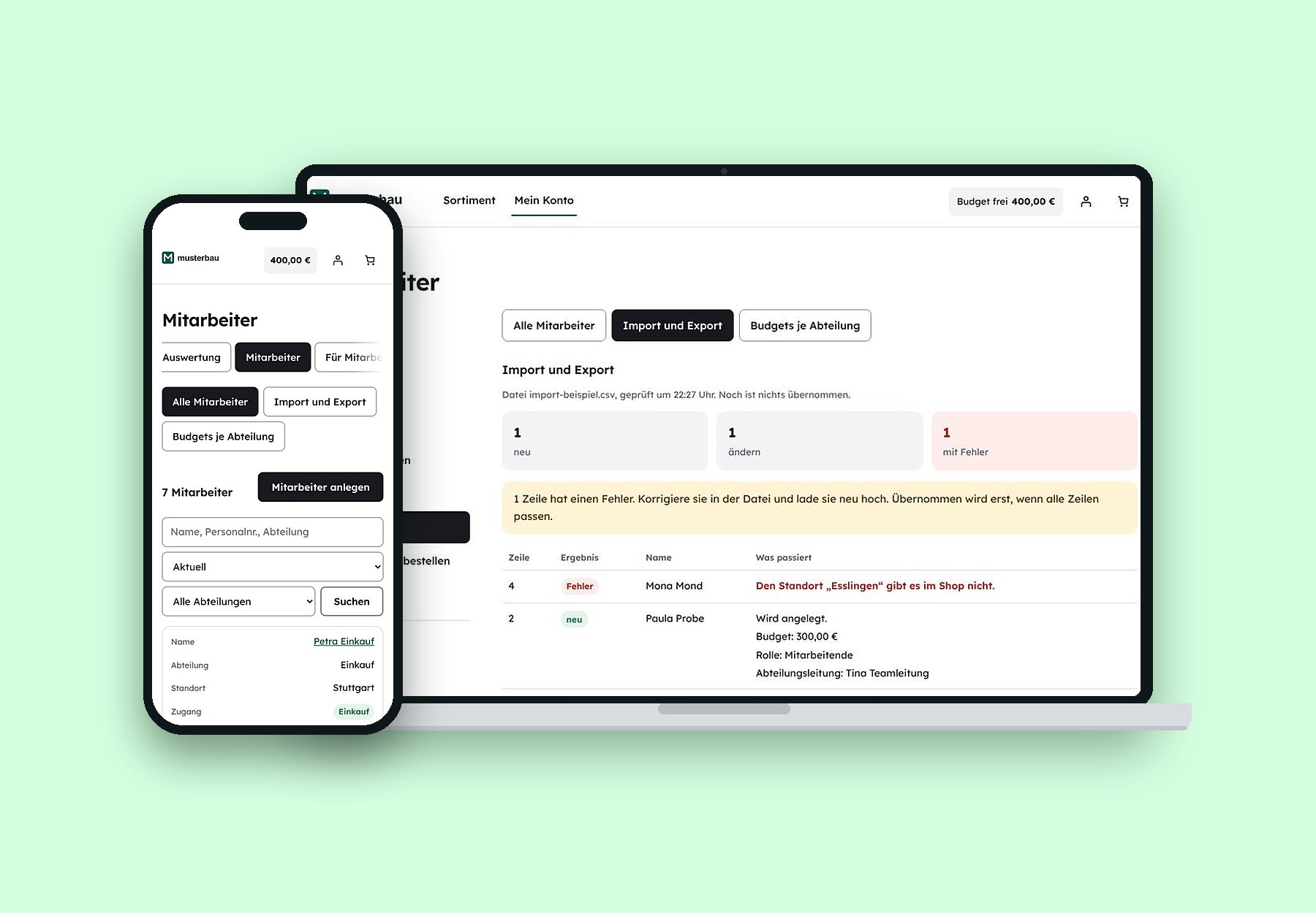 Mitarbeitershop: Verwaltung der Mitarbeitenden mit Rollen und CSV-Import mit Prüfung vorab
