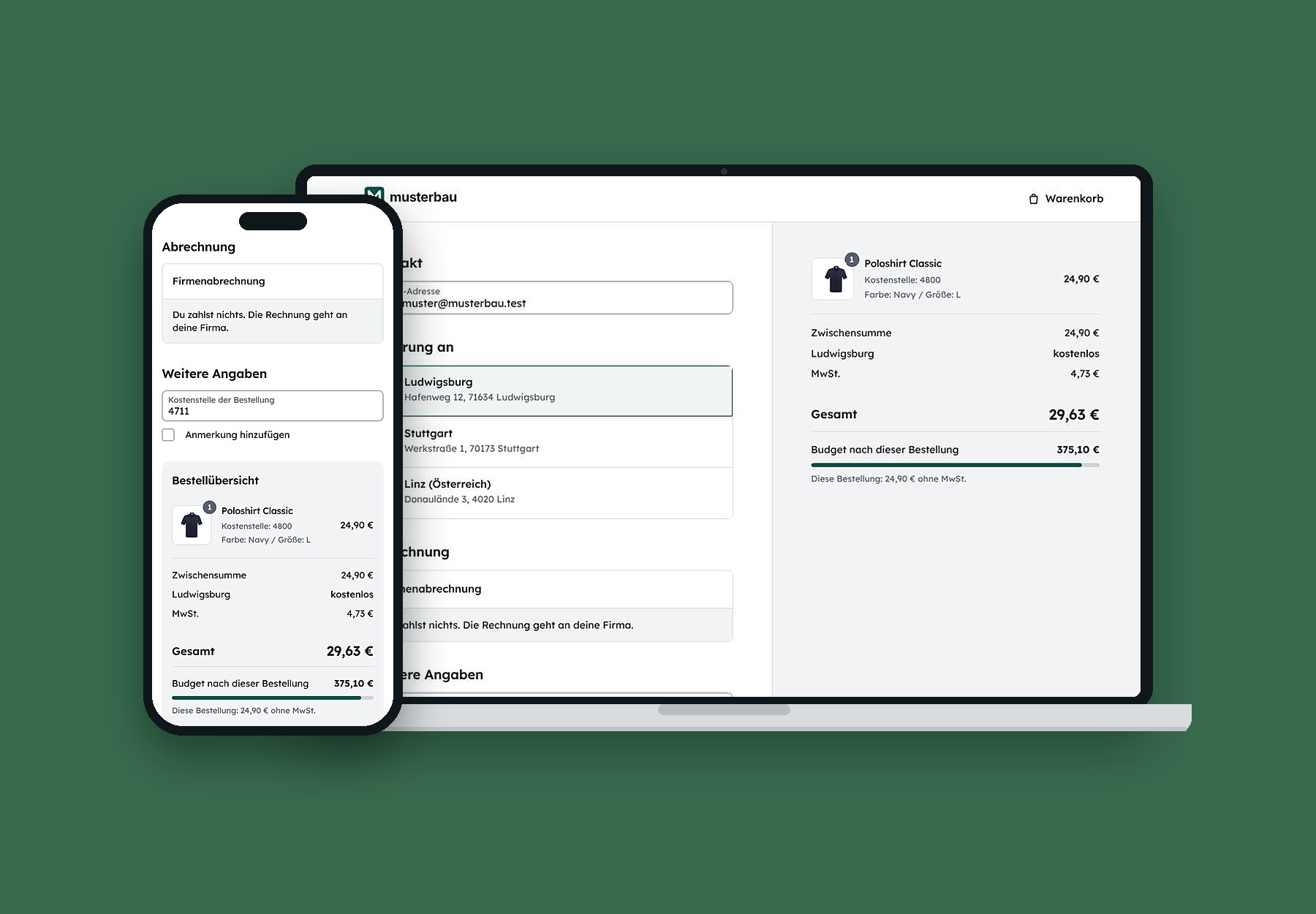 Mitarbeitershop: Kasse mit Lieferort, Firmenabrechnung und Kostenstelle