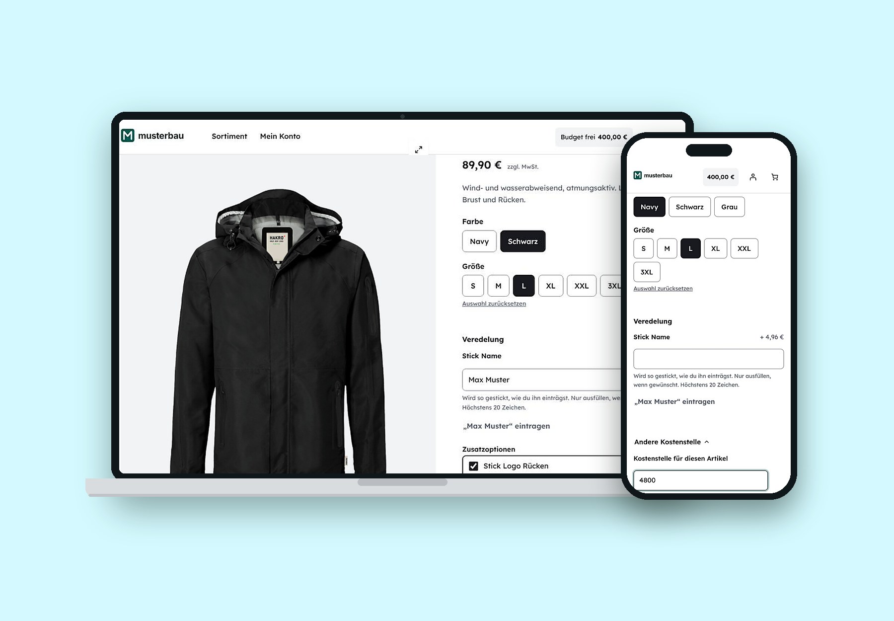 Mitarbeitershop: Produktseite mit Namensstick und Zusatzlogo als Veredelung