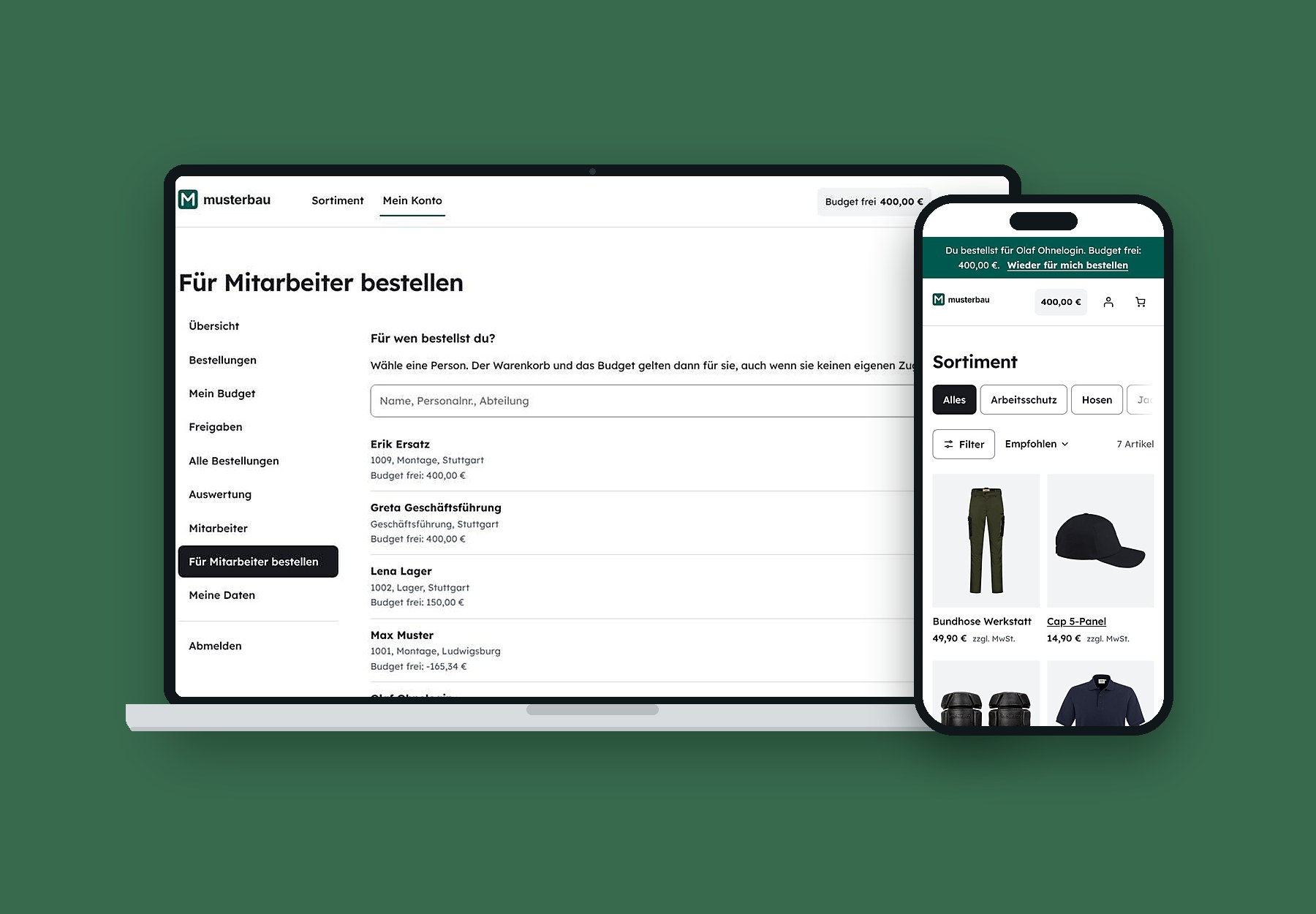 Mitarbeitershop: Für Kolleginnen und Kollegen bestellen, Auswahl am Laptop und Sortiment am Handy