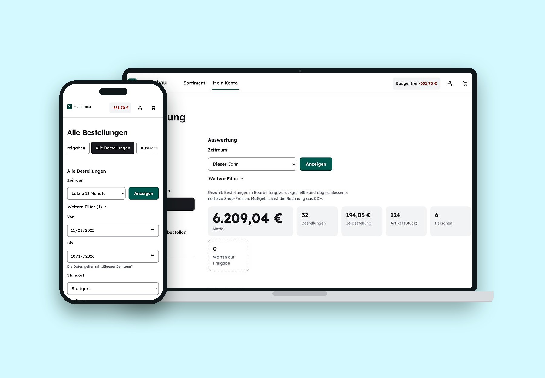 Mitarbeitershop: Auswertung mit Nettosumme, Bestellungen und Artikeln, Filter am Handy
